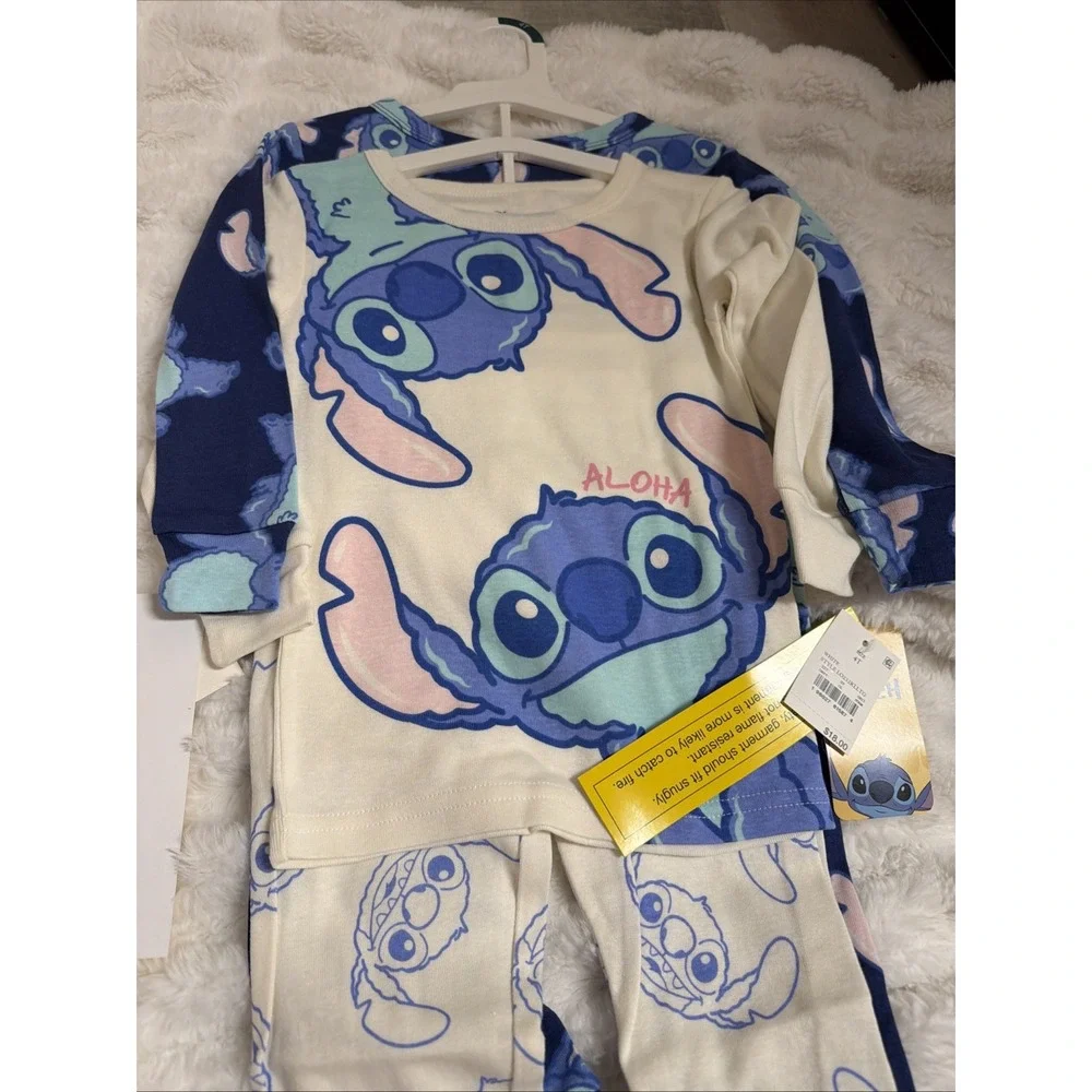 NWT Lilo & Stitch Snug Fit 4Pcs Cotton Long Sleeve Pajama Set Blue/White Size 4T